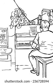 The boy is playing the piano. The view from the back. Vector image 