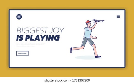 Boy playing with plane model. Cartoon teenage or schoolboy running hold airplane toy. Landing page for children games and activities website. Cartoon linear vector illustration