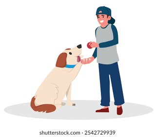 Boy playing with a playful dog, vector illustration on white background.