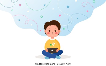 Boy playing portable console. Vector illustration of a cute child male character with a portable game console sitting on the floor. Children's fantasy and dreams world on an abstract background.