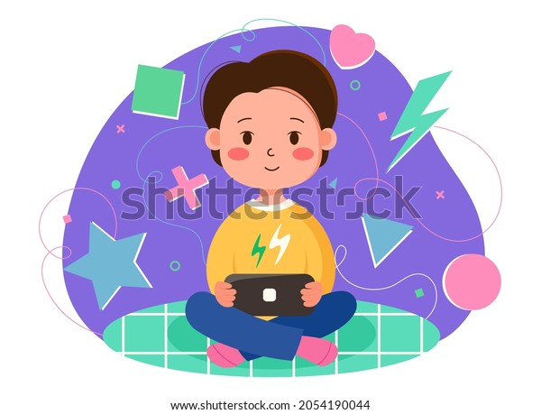 Сute boy playing in a portable handheld\
console while sitting on the bedspread. Unisex character plays a\
video game on a pocket console. Vector isolated illustration with\
geometric abstract\
background