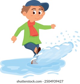 Boy playing in puddle. Outdoor kid activity. Cartoon character