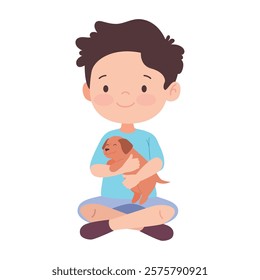 Boy playing with puppy isolated