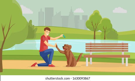 Boy playing with puppy outside flat vector illustration. Guy and four-legged friend walking outdoor together. Friendship, positive emotions, young man training pet in park cartoon character