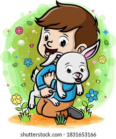 A boy playing with rabbit in the garden of illustration