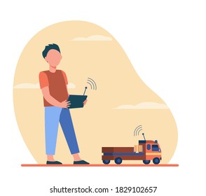 Boy playing with radio controlled toy. Truck, car, remote control flat vector illustration. Childhood, activity, fun concept for banner, website design or landing web page