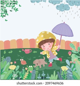 The boy Playing in the rain with the brown dog