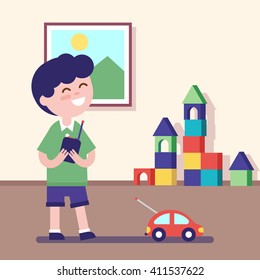 Boy playing with rc car with remote control in hands. Modern flat vector illustration clipart.