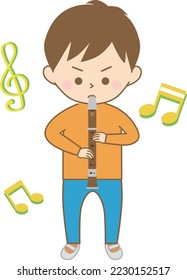 A boy playing the recorder with a serious expression