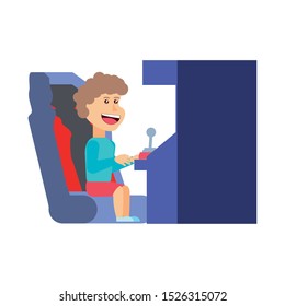 boy playing in retro console video game machine vector illustration design