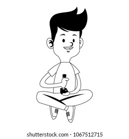 Boy playing retro videogame on black and white