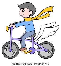 Junge, der Rad mit fliegenden Flügeln spielt, Vektorgrafik. Doodle-Icon-Bild kawaii.