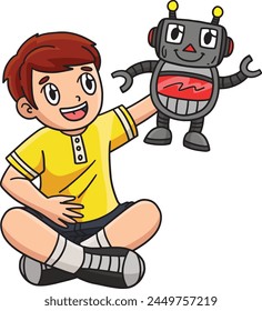Boy Playing Robot Toy Cartoon Colored Clipart 