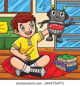 Boy Playing Robot Toy Colored Cartoon Illustration