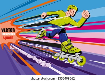 Boy playing roller skates. Quickly on the rollers.