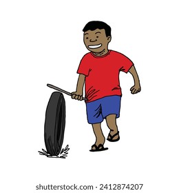 A boy playing with a rubber tyre on a road in a nearby village. The concept of entertainment, holidays and rural lifestyle. Vector illustration. 