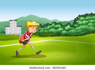 Boy playing rugby in the field illustration