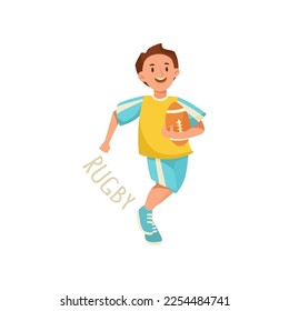 Boy playing rugby isolated on white background. Children and sport vector illustration. Activity concept