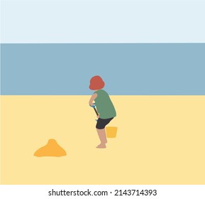 Niño jugando arena en la playa con herramientas de arena. Ilustración vectorial Pequeño niño que disfruta de vacaciones junto al mar o el océano. Viajando con niños