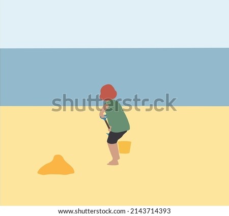 Boy playing sand at the beach with sand tools. Vector Illustration Small child enjoying vacation by the sea or ocean. Travelling with kids