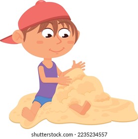 Boy playing with sand. Kid summer activity