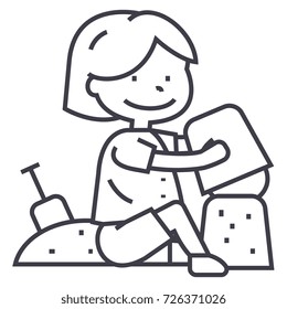 boy playing with sand on beach or sandbox,scapula and bucket vector line icon, sign, illustration on background, editable strokes