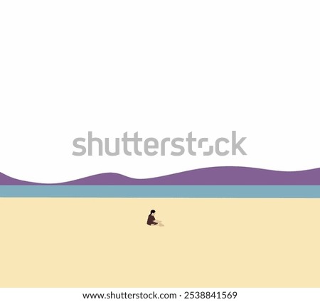 Boy playing sand on the beach during summer holidays. Vacation on seashore. Happy kids on vacations at seaside. Minimal art.