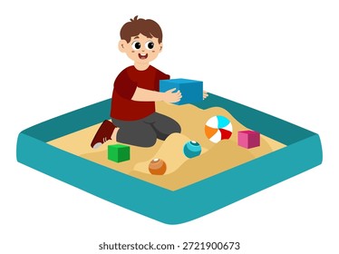 Menino Jogando em Sandbox com bolas, tijolos bloco, Diversão infantil
