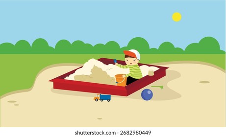 Junge, der im Sandkasten auf dem Spielplatz spielt. Vektorgrafik im flachen Stil
