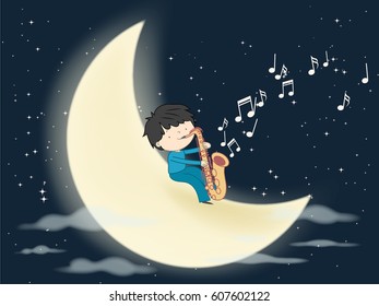 Boy playing saxophone on the moon in night with many stars - Love and passion for music vector illustration