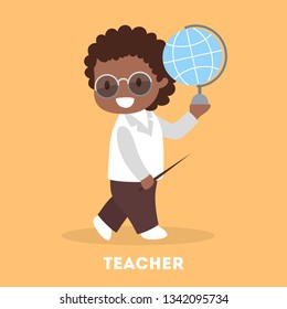 Boy playing as a school teacher. Education and personal development. Kid holding globe and pointer. Flat vector illustration