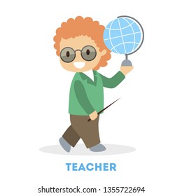 Boy playing as a school teacher. Education and personal development. Kid holding globe and pointer. Flat vector illustration