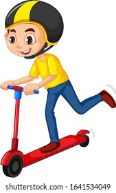 Boy playing scooter on isolated background illustration