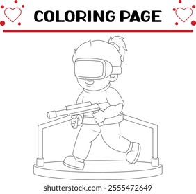 boy is playing shooting game coloring page for kids