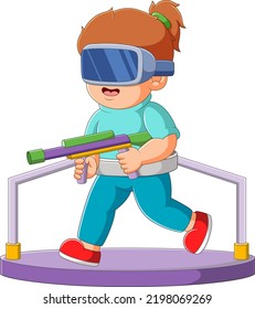 El niño está jugando al tiro con arco en realidad virtual y trae una pistola de ilustración