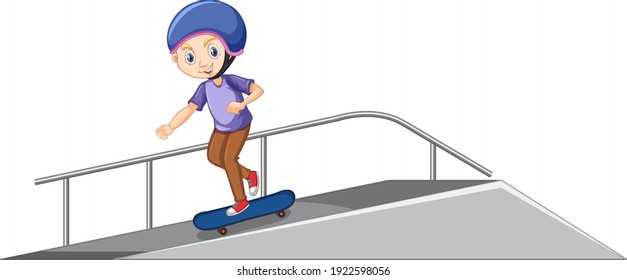 Boy playing skatboard on the ramp on white background illustration