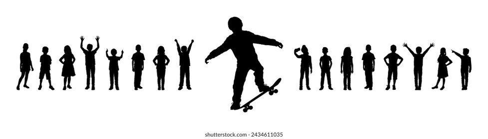 Boy playing skateboard in park in front of group of children vector black silhouette.	