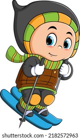 The boy is playing the skiing and sliding on the ice of illustration