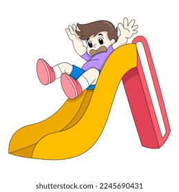 boy is playing slide in the playground area. vector design illustration art