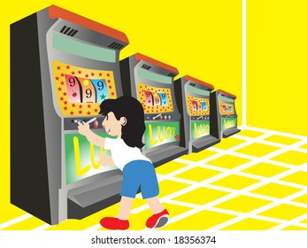 boy playing with slot machine, illustration