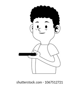 Boy playing with smartphone on black and white