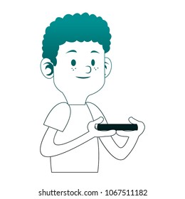 Boy playing with smartphone on blue lines
