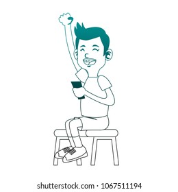Boy playing with smartphone on blue lines