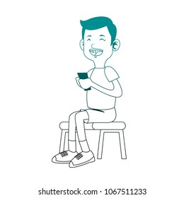 Boy playing with smartphone on blue lines