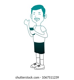 Boy playing with smartphone on blue lines
