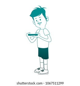 Boy playing with smartphone on blue lines