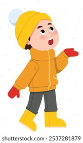 Niño jugando en el Vector de dibujos animados de nieve en estilo de diseño plano