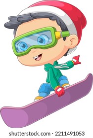 The boy is playing snowboard in the snow mountains on winter of illustration