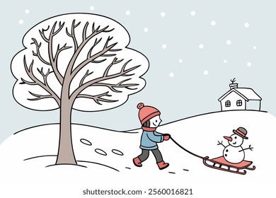 Boy playing with snowman, landscape during winter season