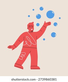 Boy playing with soap bubbles. Colorful vector illustration
